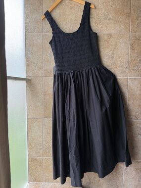 Pistola Alessia Dress Smocked Bodice Drop Waist Pockets Midi Black Cotton Size L